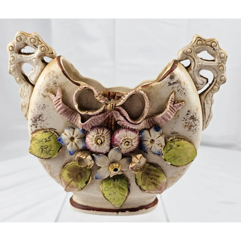 Antique Floral Vase Handled Ceramic 1897 Dated Decor Display‎ Planter
